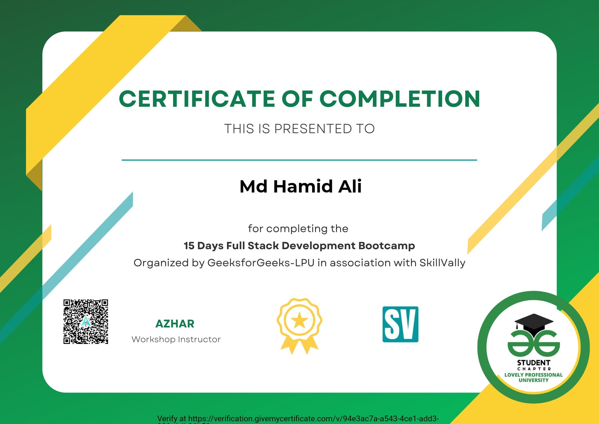 I have completed 15 days full stack bootcamp